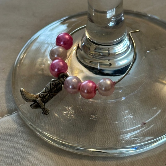 3/$15 Wine glass tag, stainless steel hoop, pink/white beads, cowboy boot charm - Picture 3 of 14